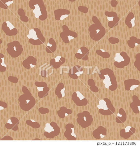Leopard monochrome seamless pattern. Animal print endless background. Cheetah or panther skin texture repeat cover. Abstract jungle camouflage continuous ornament. Vector hand drawn illustration. 121173806