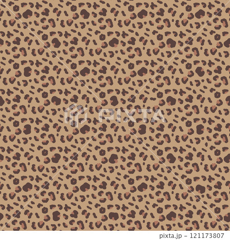 Leopard monochrome seamless pattern. Animal print mocha mouse scallop endless background. Cheetah skin texture repeat cover. Abstract jaguar fur continuous ornament. Vector hand drawn illustration. 121173807