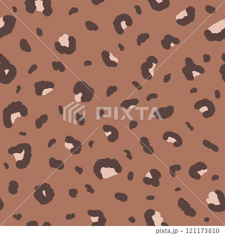 Leopard, cheetah or panther monochrome seamless pattern. Animal print mocha mouse endless background. Wild cat skin texture repeat cover camouflage. Vector hand drawn illustration. 121173810