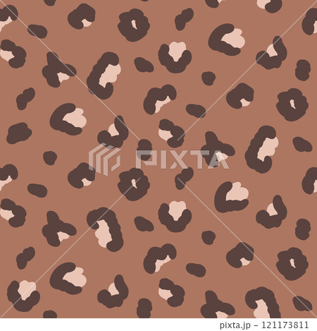 Leopard monochrome seamless pattern. Animal print mocha mouse endless background. Cheetah or panther skin texture repeat cover. Surface pattern design camouflage motif. Vector hand drawn illustration. 121173811