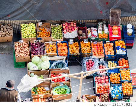 aerial view of local vegetables and fruits stall 121173923