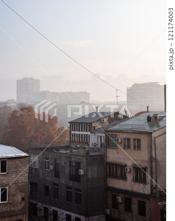 view of residential houses in smog in Yerevan city view of residential houses in smog in Yerevan city 121174003
