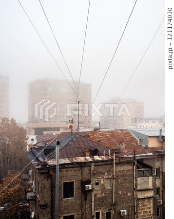 apartment houses under smoke, smog and fog apartment houses under smoke, smog and fog 121174010