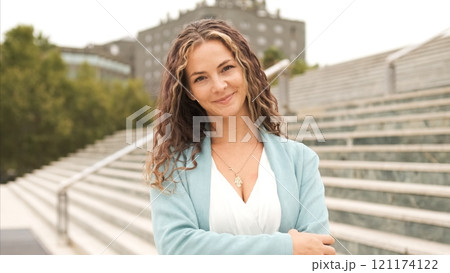 Portrait of smiling female executive with confident look 121174122