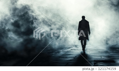 Mysterious man walking on foggy street at night 121174159
