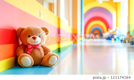 Teddy bear sitting in colorful playroom or hospital corridor Teddy bear sitting in colorful playroom or hospital corridor 121174164