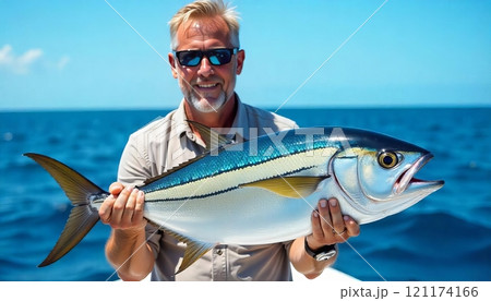 Sport fishing for deep sea on a yacht in the ocean. A contented male angler clutching a larger, grenadier fish 121174166