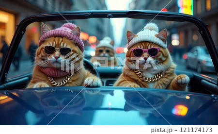 group of rich, important, fluffy cats in knitted hat and sunglasses in chains and jewelry, driving in an open car, in a convertible driving, driving along the city street group of rich, important, fluffy cats in knitted hat and sunglasses in chains and jewelry, driving in an open car, in a convertible driving, driving along the city street 121174173
