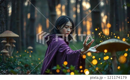 A Mystical Sorceress Engaging in Casting Powerful Spells in an Enchanted Forest 121174179