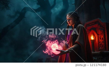 A Mystical Sorceress Engaging in Casting Powerful Spells in an Enchanted Forest 121174180