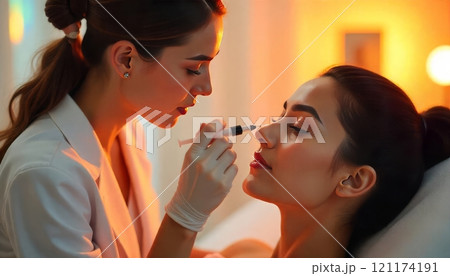 Cosmetologist making beauty injection to young woman, holding hand with syringe near eyes area Cosmetologist making beauty injection to young woman, holding hand with syringe near eyes area 121174191