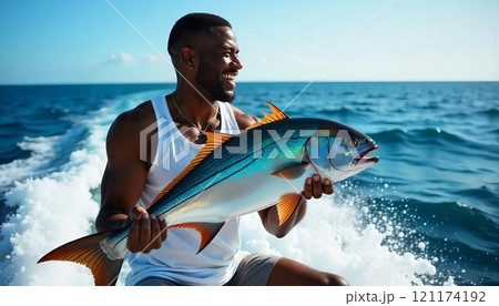 Sport fishing for deep sea on a yacht in the ocean. A contented male angler clutching a larger, grenadier fish Sport fishing for deep sea on a yacht in the ocean. A contented male angler clutching a larger, grenadier fish 121174192