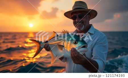 Sport fishing for deep sea on a yacht in the ocean. A contented male angler clutching a larger, grenadier fish Sport fishing for deep sea on a yacht in the ocean. A contented male angler clutching a larger, grenadier fish 121174193