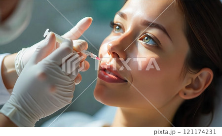 Cosmetologist making beauty injection to young woman, holding hand with syringe near eyes area Cosmetologist making beauty injection to young woman, holding hand with syringe near eyes area 121174231