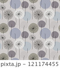 Seamless abstract floral pattern with hand drawn dandelion flower circles in soft winter pastel colors, black outline on grey background. Vintage retro style. For wallpapers, wrapping, print, textile 121174455