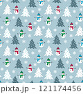 Winter seamless pattern with white, snowman with colorful scarf and cap, christmas trees and snowflakes. Graphic design element for wrapping paper, prints, scrapbooking, simple cartoon EPS10 vector. 121174456