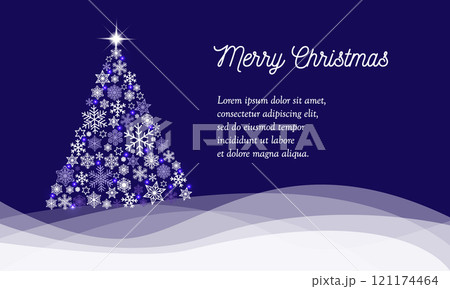 Merry Christmas greeting card with sample text, shining Christmas tree from various white snowflakes, lights stars on wavy hills on dark blue background. Vector EPS 10 illustration for Holiday designs 121174464