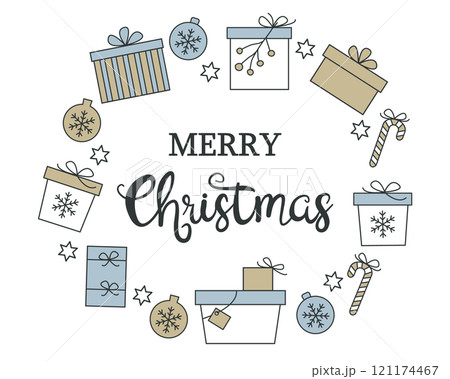 Merry Christmas text in circle frame from decorated gift boxes, stars and baubles in white blue beige. Retro vintage style design element. Holiday greeting cards, banners, invitation, prints, EPS 10 121174467