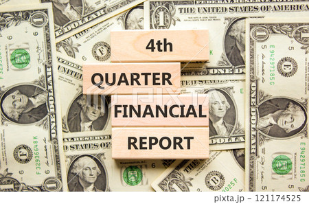 4th quarter financial report symbol. Concept words 4th quarter financial report on beautiful wooden blocks. Beautiful dollar background. Business 4th quarter financial report concept. Copy space. 4th quarter financial report symbol. Concept words 4th quarter financial report on beautiful wooden blocks. Beautiful dollar background. Business 4th quarter financial report concept. Copy space. 121174525