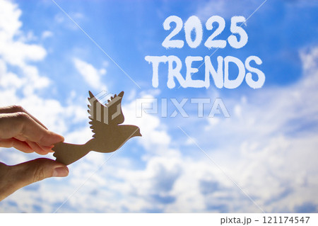 Planning 2025 trends new year symbol. Concept words 2025 Trends on beautiful blue sky. Beautiful blue sky clouds background. Hand holds wooden bird. Business 2025 trends new year concept. Copy space. 121174547
