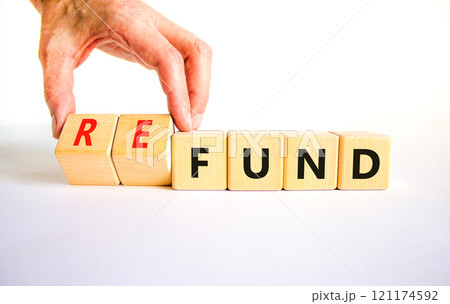 Fund or refund symbol. Concept words Fund Refund on wooden cubes. Beautiful white table white background. Businessman hand. Business and fund or refund concept. Copy space. Fund or refund symbol. Concept words Fund Refund on wooden cubes. Beautiful white table white background. Businessman hand. Business and fund or refund concept. Copy space. 121174592