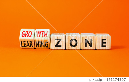 Learning or growth zone symbol. Concept words Learning zone Growth zone on wooden cubes. Beautiful orange table orange background. Business learning or growth zone concept. Copy space. 121174597