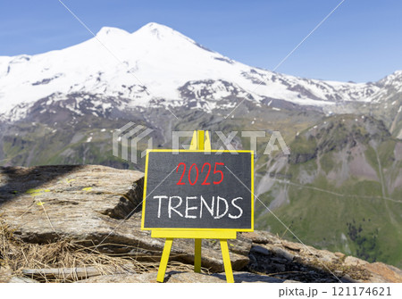 Planning 2025 trends new year symbol. Concept words 2025 Trends on beautiful yellow chalk blackboard. Beautiful mountain Elbrus background. Business 2025 trends new year concept. Copy space. 121174621