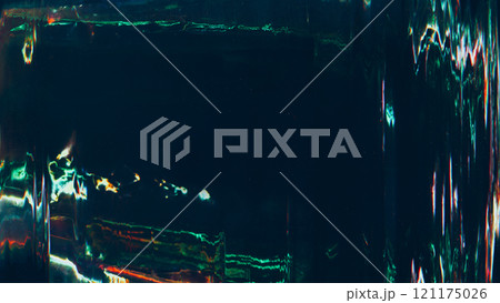 Distortion noise. Glitch overlay. Distressed texture. Green orange white color light flare artifacts waves dust scratch old film effect dark illustration art abstract background. 121175026