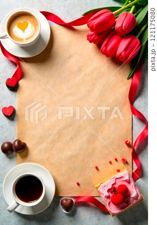 Romantic composition for cafe menus, pastry shops, restaurants or Valentine's Day greetings with red tulips, two cups of coffee, heart-shaped chocolates, cake and blank texture paper Romantic composition for cafe menus, pastry shops, restaurants or Valentine's Day greetings with red tulips, two cups of coffee, heart-shaped chocolates, cake and blank texture paper 121175080