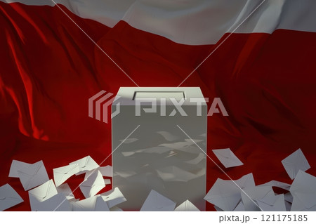 A Voting Box Surrounded by an Abundance of Ballots Set Against the Polish Flag Background 121175185