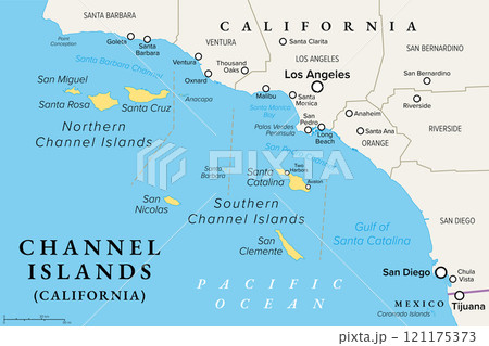 Channel Islands of California, political map. Eight-island archipelago in the Pacific, southwest of Los Angeles metropolitan area, administered by the counties Santa Barbara, Ventura and Los Angeles. Channel Islands of California, political map. Eight-island archipelago in the Pacific, southwest of Los Angeles metropolitan area, administered by the counties Santa Barbara, Ventura and Los Angeles. 121175373