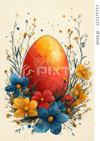 Easter card design with Easter eggs and flowers in retro style. 121175717