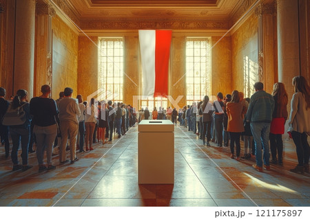 The Voting Ceremony is in the Grand Hall, decorated with the National Flag, symbolizing democracy 121175897
