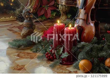 A Beautiful and Festive Christmas Arrangement Featuring Candles and Decor Elements 121175999