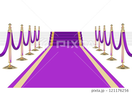 Purple carpet on stairs with red ropes on golden stanchions 121176256