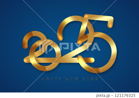 2025 New Year gold logo design. Holiday greeting card. Vector illustration. Luxury festive design for banner, invitation, calendar, party, golden holiday label isolated on blue background 121176325
