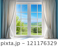 A window with white curtains showcasing a stunning field view 121176329