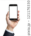 Hand holding mobile phone with blank white background. Blank background for your lettering and advertising 121176330