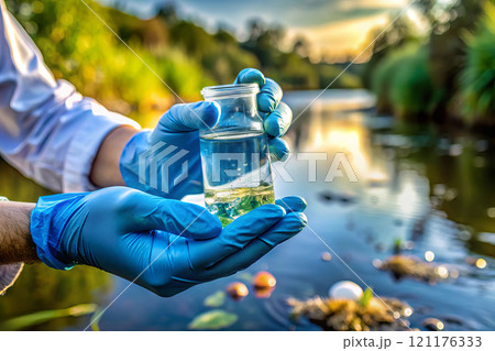 Hands in protective gloves hold a flask with water samples on a blurred background of a pond. Hands in protective gloves hold a flask with water samples on a blurred background of a pond. 121176333