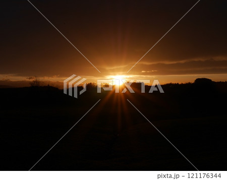 Sunset with a bright sun in the sky 121176344