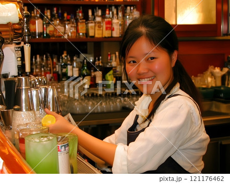 Smiling Bartender Service Barkeeper Woman Female Bar Worker Smiling Bartender Service Barkeeper Woman Female Bar Worker 121176462