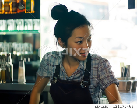 Smiling Bartender Service Barkeeper Woman Bar Worker Smiling Bartender Service Barkeeper Woman Bar Worker 121176463
