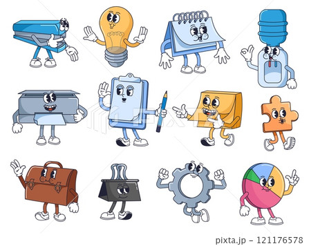 Retro cartoon office characters. Playful stapler, idea lamp, calendar, water cooler, printer, clipboard, sticky notes, puzzle piece, paper clip, gear and pie chart mascots vector illustrations set Retro cartoon office characters. Playful stapler, idea lamp, calendar, water cooler, printer, clipboard, sticky notes, puzzle piece, paper clip, gear and pie chart mascots vector illustrations set 121176578