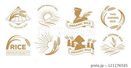 Thai jasmine rice emblems. Elegant badges with rice panicle, paddy field and farmer with Asian conical hats silhouettes. Agricultural product and farming branding templates vector set Thai jasmine rice emblems. Elegant badges with rice panicle, paddy field and farmer with Asian conical hats silhouettes. Agricultural product and farming branding templates vector set 121176585