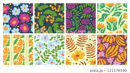 Abstract floral seamless patterns. Blooming flowers and hand drawn leaves, spring botanical motifs and garden blooms. Nature inspired vector backgrounds set 121176590