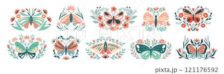 Abstract floral butterflies compositions. Symmetrical butterfly motifs with blooming flowers, leaves and greenery. Moth wings and hand drawn flowers, creative nature inspired vector illustration set Abstract floral butterflies compositions. Symmetrical butterfly motifs with blooming flowers, leaves and greenery. Moth wings and hand drawn flowers, creative nature inspired vector illustration set 121176592