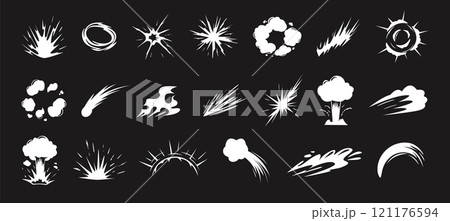 Cartoon energy explosion shapes. Dynamic blast waves with smoke clouds, fire flames, sparks and impact bursts. Energetic explosions visual effects silhouettes vector set 121176594