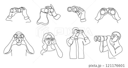 Looking through binocular. Observer hands and people holding binoculars in various poses, continuous one line exploration and adventure vector illustration set 121176601