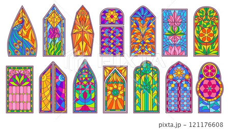 Stained glass windows. Colored art glass mosaics with ornamental floral patterns, medieval church window and decorative cathedral architecture geometric isolated vector illustrations set 121176608