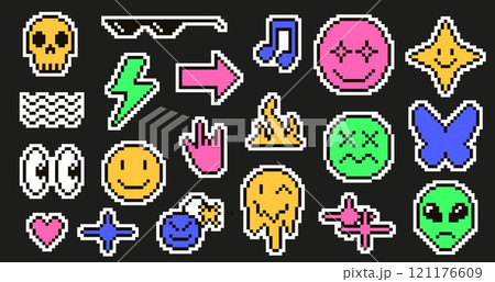 Pixel art emoji stickers. Retro pixelated 8 bit Y2K symbols, cool glasses, arrow, lightning bolt, flame and looking eyes. Skull, smile bomb, alien face and happy spark face. Vector icons set Pixel art emoji stickers. Retro pixelated 8 bit Y2K symbols, cool glasses, arrow, lightning bolt, flame and looking eyes. Skull, smile bomb, alien face and happy spark face. Vector icons set 121176609
